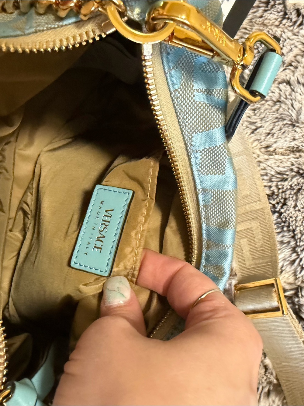 Versace Light Blue Logo Jacquard Shoulder Bag with Gold Chain Detail - Picture 8 of 9